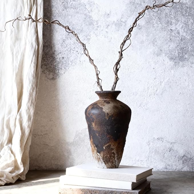 Wabi Sabi Ceramic Vase 9.1 Inch, Rustic Pottery Vase for Home Decor, Organic Textured Brown Black Vase for Pampas Grass, Coffee Table Shelf Farmhouse Decor