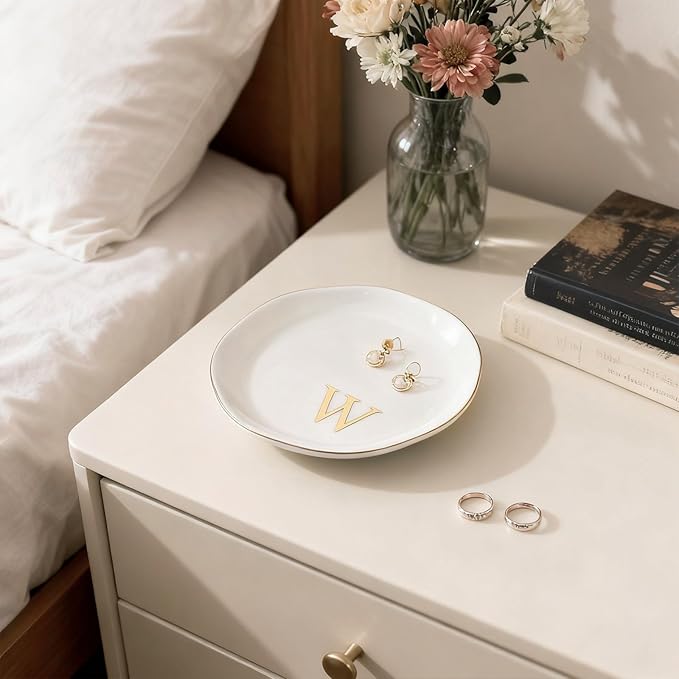 Shappy 12 Pcs Initial Ceramic Jewelry Tray with 26pcs Gold Copper Personalized Monogram, 4.5 Inch Decorative Trinket Dish Plate Bulk for Ring Earring Necklace for Women Wedding Birthday Gift(Round)