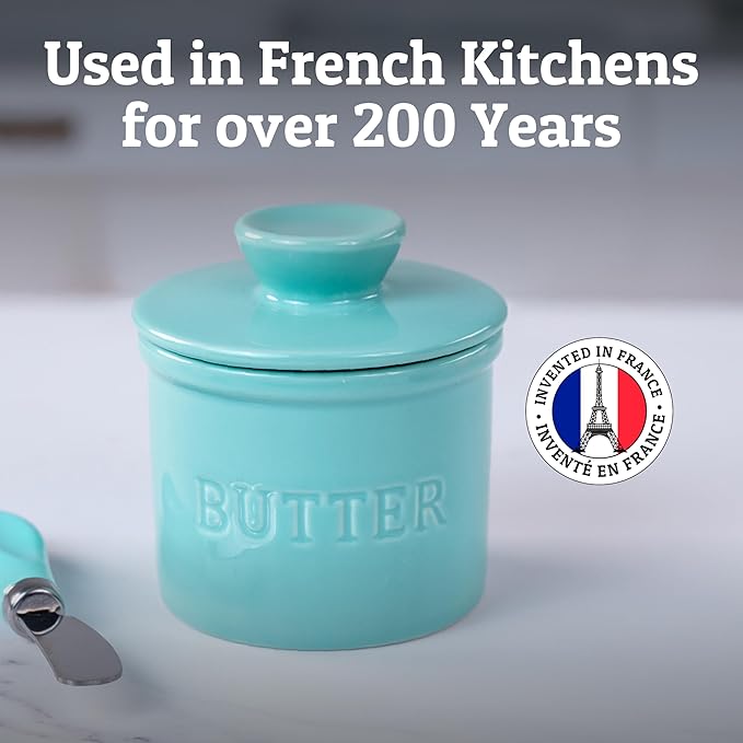 PriorityChef Butter Crock with Lid with Water Line, Ceramic French Butter Dish to Leave On Counter, Cool Green