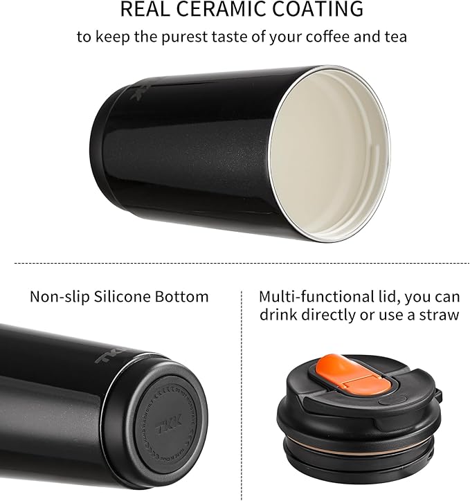 TKK Coffee Cup with Ceramic Coating - 14oz Insulated Stainless Steel Travel Mug, Leak-Proof Tumblers with Straw for Hot/Cold Beverages, Easy Wide Mouth Cleaning, Black