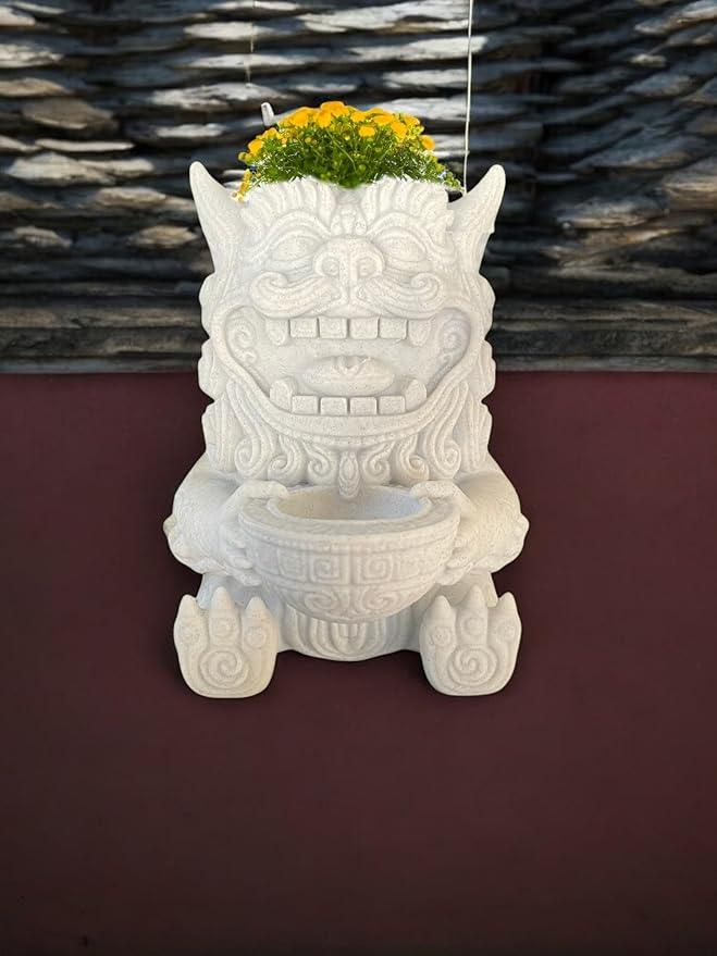 Wall Planter – Chinese Foo Lion Guardian Flower Pot, Hanging Dragon Dog Planter for Indoor & Outdoor Garden Decor, Unique Wall Art for Plants & Succulents (White Marble Stone, Regular 5.8" Height)