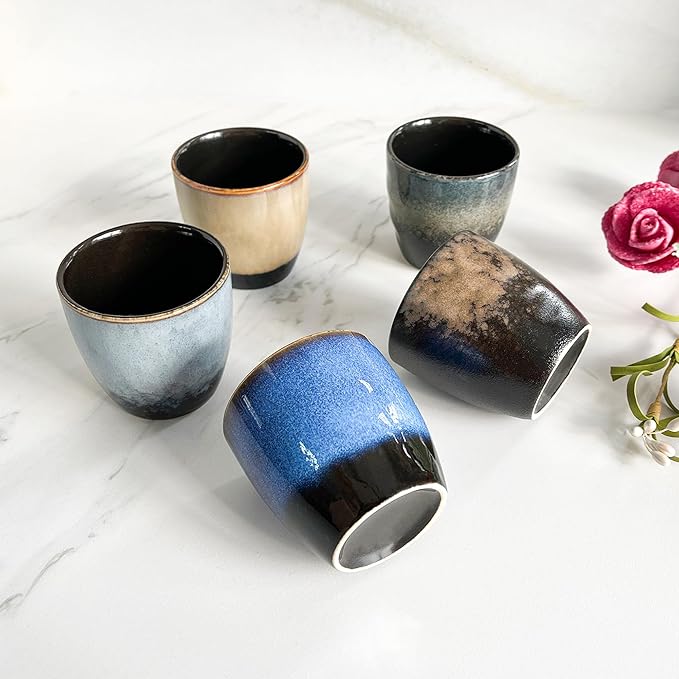 Rubdub Ceramic Japanese Tea Cup, 5.07oz/ 150 ml Chinese Tea Cup, Tea Cups no Handles, Teacup in Gift Box, Ceramic Mate Cup Set of 5