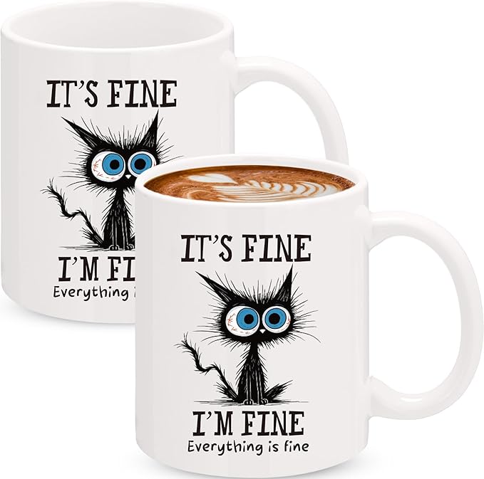 Sliner 2 Set It's Fine I'm Fine Mugs Black Cat Funny Gifts Coffee Cup 11 oz Ceramic Cute Tea Cup Holiday Birthday Gifts for Men Women Cat Lovers Colleague Coworker