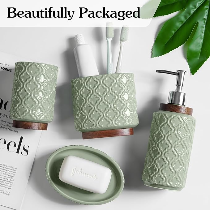 Elegant 4 PCS Ceramic&Wood Bathroom Accessories Set:Soap Dispenser,Toothbrush Holder,Tumbler,Soap Dish,Easy to Clean,Quatrefoil Pattern,Green-Affordable Luxury for Home Decor Enthusiasts