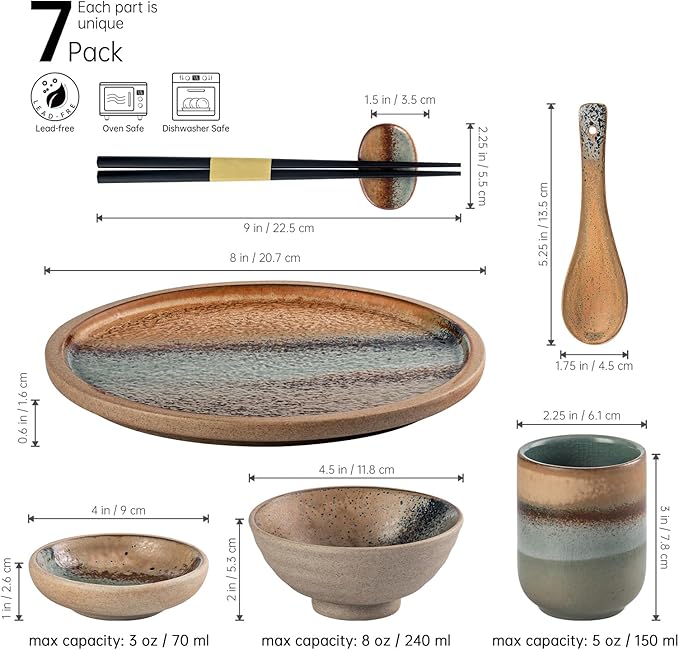 UNICASA Sushi Plate Set with Chopsticks & Sauce Dishes,Handcrafted Japanese Ceramic Dinnerware Set,Dishwasher Safe Sushi Dish -7 Pieces