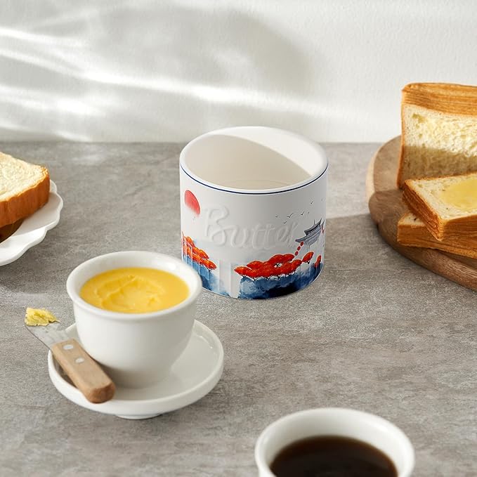 Toptier Butter Crock for Counter With Water Line, On Demand Spreadable Butter, Ceramic Butter Keeper to Leave On Counter, French Butter Dish with Lid, (Mangrove Forest)