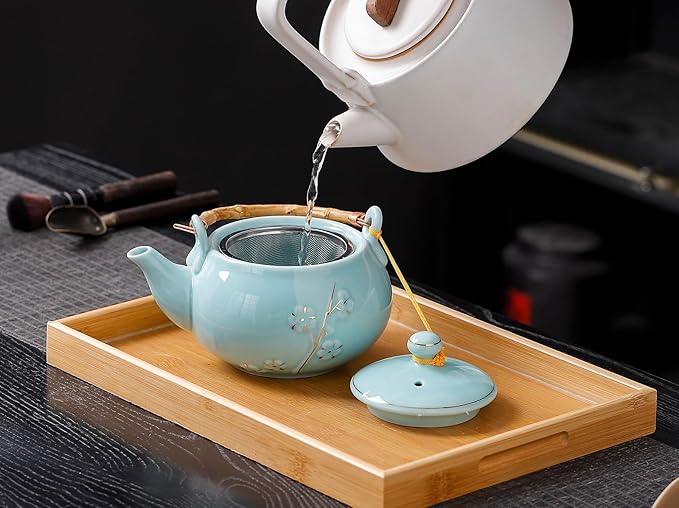Japanese Tea Set with 1 Teapot(23 oz/660ml), 6 Tea cups(5.3 oz/150ml), 1 Tea Tray, 1 Stainless Infuser, Golden plum blossom relief,Chinese gungFu tea set (Golden plum-Blue)