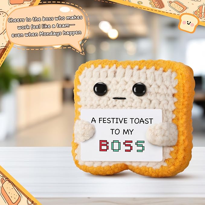 Gifts for Boss “A Festive Toast to My Boss” Handmade Crochet Toast Plush, Funny Thank You Appreciation Gift for Women Men Boss, Coworker, Manager, Supervisor, Leader – Office Christmas Decor Gift
