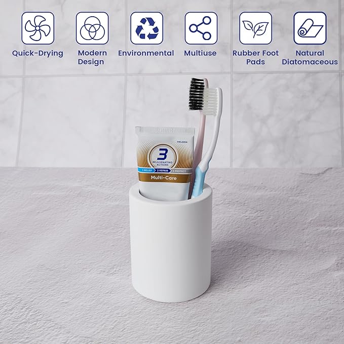 Drying Stone Toothbrush Holder, Diatomite Toothbrush Holders for Bathroom Counter, Quick Drying Electric Toothbrush and Toothpaste Holder Bathroom Organizer, White