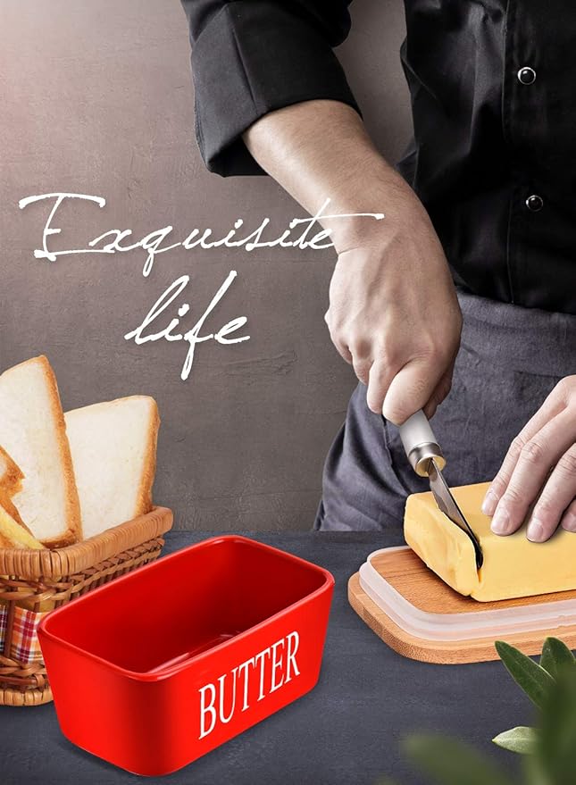AISBUGUR Large Butter Dish with Lid Ceramics Butter Keeper Container with Knife and High- quality Silicone Sealing Butter Dishes with Covers Good Kitchen Gift Red 6.3 x 3.5 x 2.7 inches