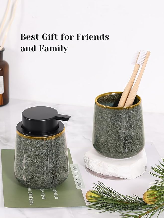 INGOFIN Ceramic Toothbrush Holder Cup, 12 oz Toothpaste Holder for Bathroom Vanity and Countertop, Organizer for Cosmetic, Makeup, Office Pencils, for Hotel Apartment, Kiln-Glazed Green