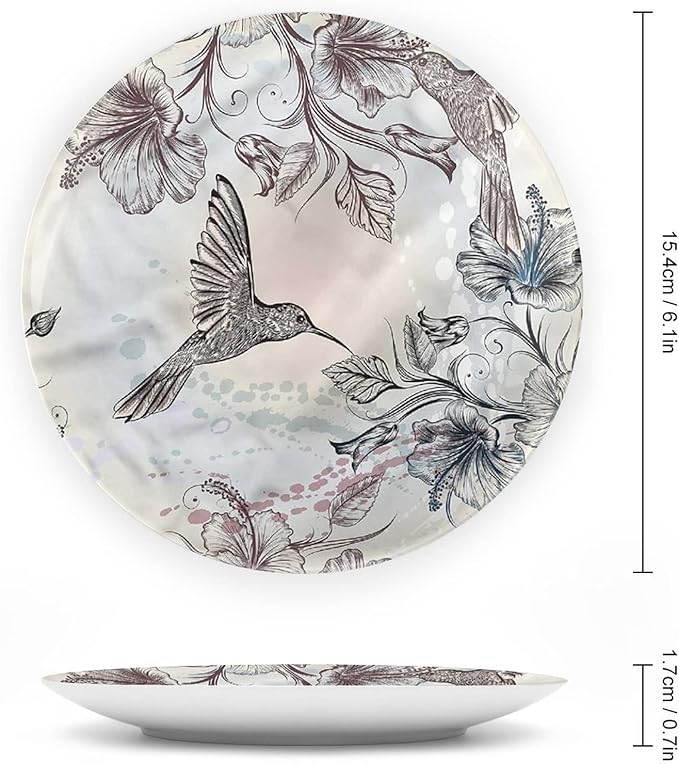XISUNYA 6 Inch Decorative Plate, Hummingbird Ceramic Stoneware, Birds Hibiscus Flowers Print Ceramic Wall Hanging Decor Accessory for Dining Table Tabletop Home Decor