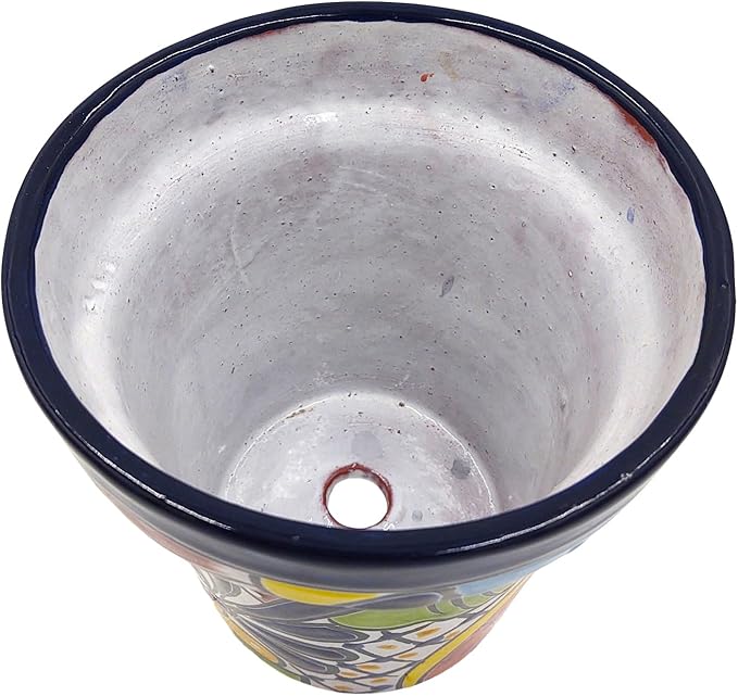 Cactus Canyon Ceramics Talavera Planter, Hand-Painted Mexican Traditional Ceramic Pot with Drainage Hole, Indoor Outdoor Rustic Botanical Terracotta, 7 Inch, Dark Blue Multicolor