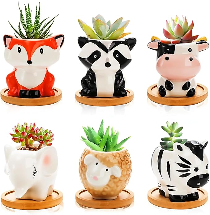 6 Pack Small Succulent Pots with Drainage Hole, 3 Inch Cute Ceramic Animal Planter with Saucer, Unique Air Plant Holder, Desktop Plant Flower Pot for Indoor Plants, Cactus, Garden, Home Decor