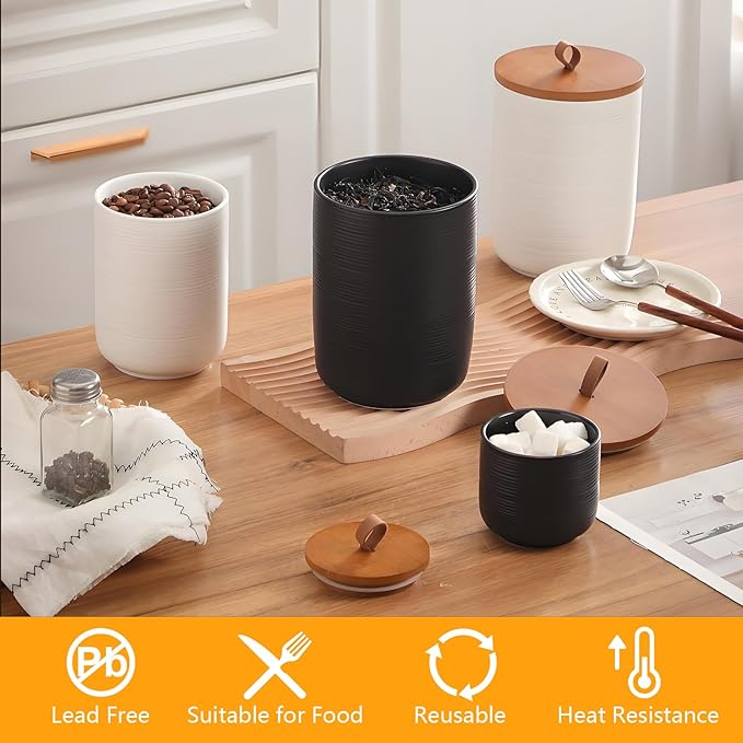 Food Storage Jar Strong Ceramic Storage Canisters with Airtight Wooden Lid,Kitchen Storage Containers for Serving Coffee Beans, Tea, Sugar, Salt, Spices (Little black 9 oz)