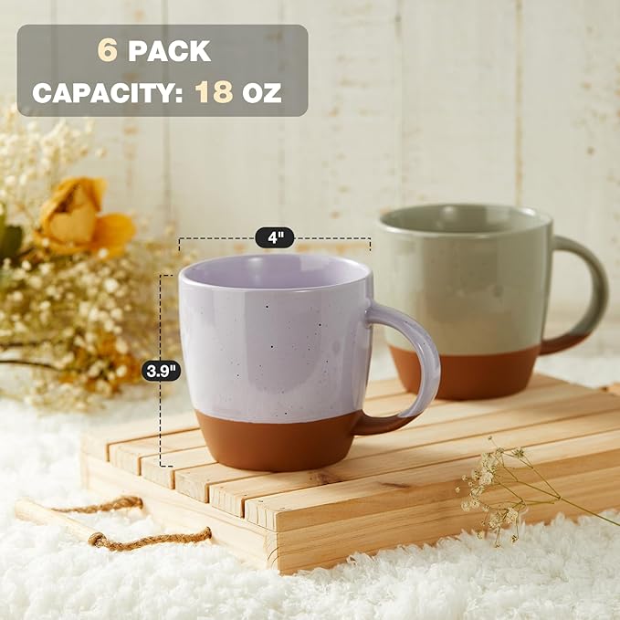 White Ceramic Coffee Mugs Set of 6 (Large),18 oz Coffee Cups with Handle, Latte Mug, Big Mug for Women, Men, Great for Tea Hot Chocolate, Microwave Safe, Modern, Unique Style for Any Kitchen