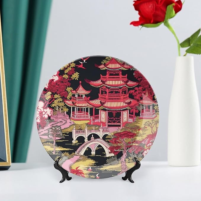 Chinoiserie Charcoal Coral Pagoda Asian China Plates, Personalized Asian Scenic Pagoda Hand-Painted Ceramic Decorative Plates, Office Festival Decorations Display, with 1 Display Stand