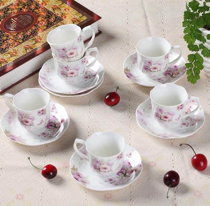 GuangYang 2.5 oz Porcelain Espresso Cups and Saucers Set – Floral Design, Purple Pattern – Gift-Ready, Elegant Mini Coffee Set of 6 for Home or Gifting