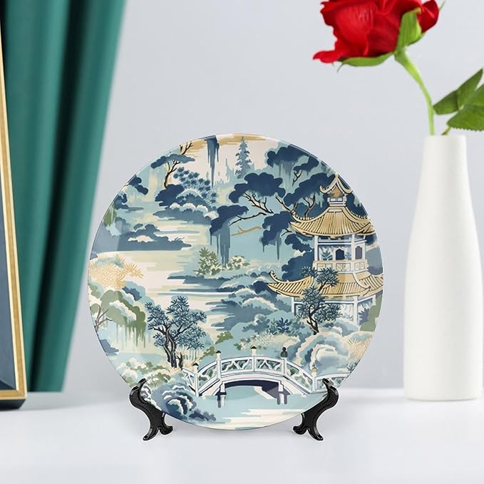 Blue And White Chinoiserie Pagoda Ming Toile Asian Decorative Plate, Custom Hand-Painted Ceramic Decorative Plates for Display Club Decor, with Vertical Stand Art Decor for Festival Home