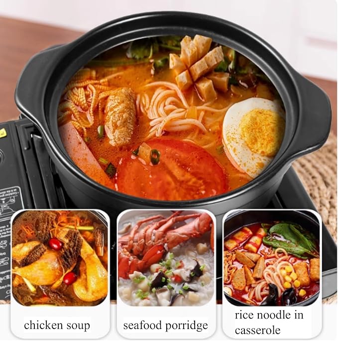 Korean Stone Pot with Lid & Platter Ceramic Sizzling Hot Pot for Bibimbap, Kimchi, Hot Pot, Soups and Stews, 40 oz Korean Pots for Cooking with Spoon and Chopsticks