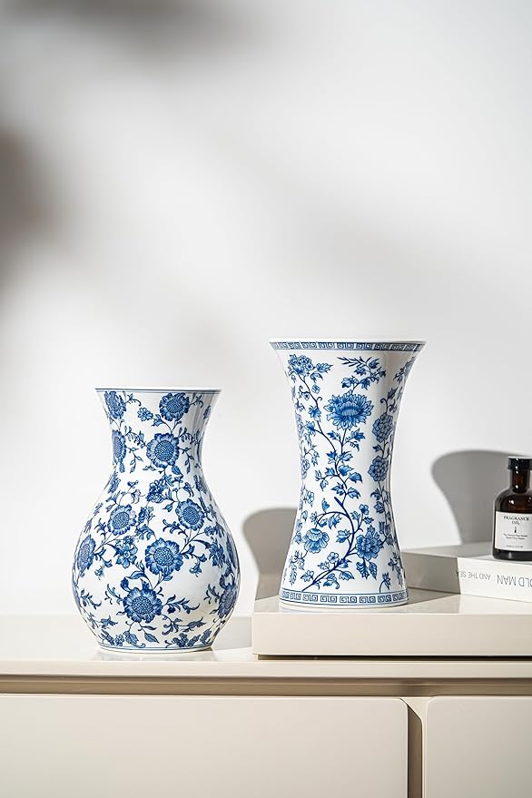 Modern Blue and White Porcelain Vase - Chinoiserie Ginger Jar for Home Decor, Floral Arrangement, 11-Inch Height Handcrafted Ceramic Vase