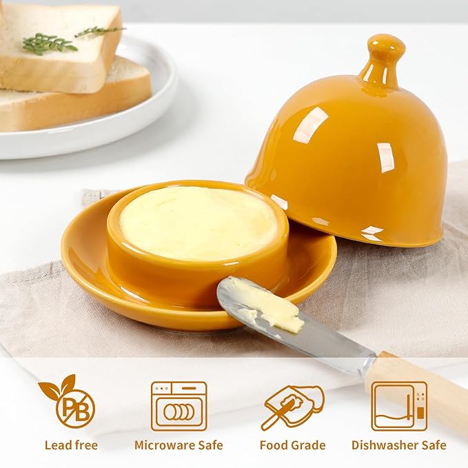 Butter dish, Ceramic Small Butter Dish with Lid, 2026 NEW Original Design Mini Butter Crock Keeper with Handle, 17 OZ Mini Butter Container Cover and Water Sealing 2 Ways Sealing (Pumpkin Orange)
