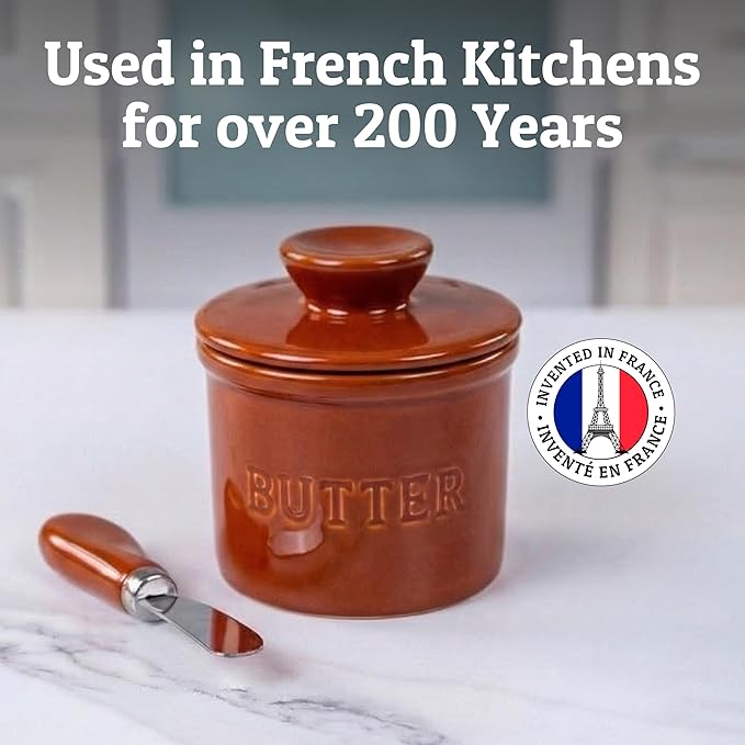 PriorityChef Butter Crock with Lid with Water Line,Ceramic French Butter Dish to Leave On Counter, Rust