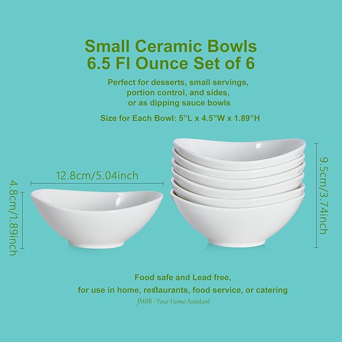 6 Oz Dipping Bowls, 5" Ceramic Soy Sauce Dish Side Dishes Small Appetizer Plates Set of 6, for Dessert Ice Cream Snack Pudding Creme Brulee Ketchup Vinegar, Condiment Servers to BBQ & Party Dinner