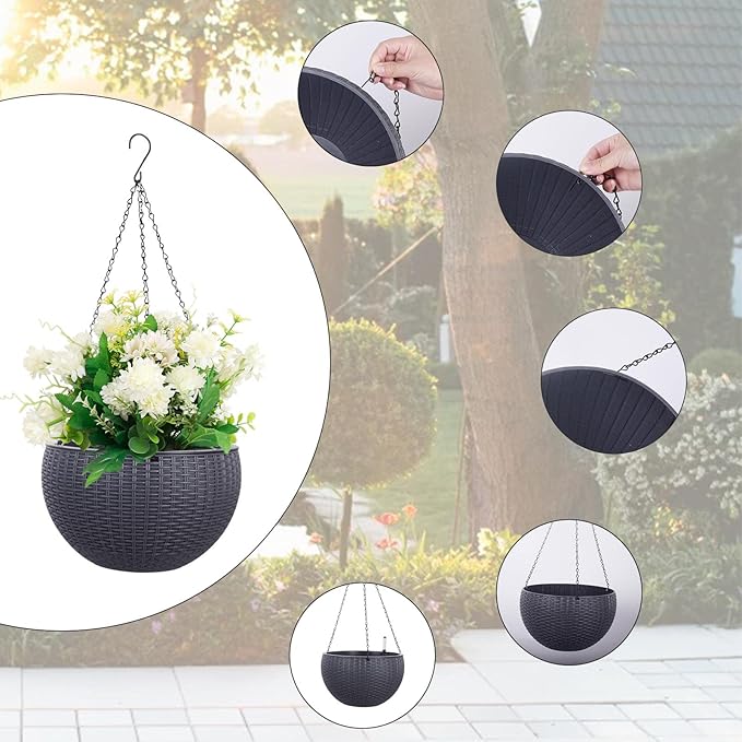 Vencer 11 Inch Round Resin Rattan Hanging Planters,Self Watering Hanging Basket for Indoor Outdoor Plants,Hanging Flower Pots with Drain Hole and Metal Chain,Water Indicator,Grey,VF-A15-G