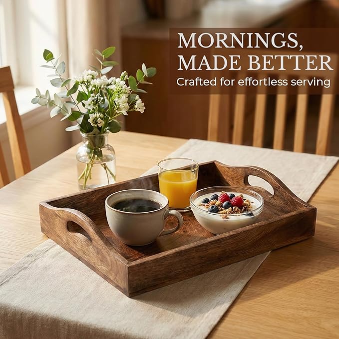 Ajuny Set of 3 Wooden Serving Tray with Handles Decorative Solid Plain Style Handcrafted Rectangular Platter for Snacks Coffee Tea and Versatile Kitchen & Home Gift (15.7x11, 13.7x9.9, 11.4x8 Inch)