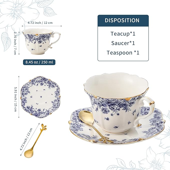 TATSUMI Country Roses Bone China Tea Cup and Saucer Set, 3 Pieces, Vintage Style, For Women and Tea Parties（sky blue，1 set）