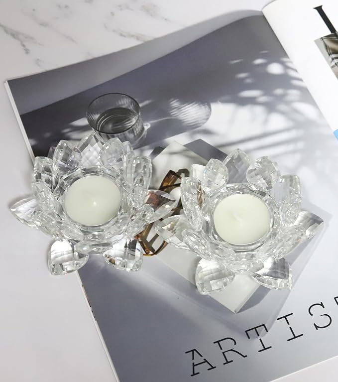 Crystal Lotus Flower Tealight Candle Holder Set of 2, Clear Glass Candlestick Holders, Pillar Votive Candle Holders for Table Centerpiece, Home Décor, Party, Wedding, Dinning