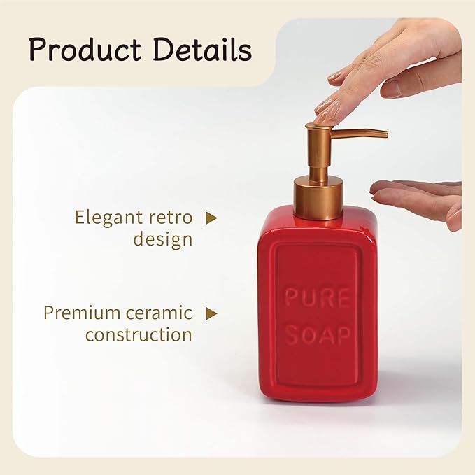 Ceramic Retro Soap Dispenser with Gold Pump, 15oz Capacity, Premium Ceramic Design for Bathroom or Kitchen (Red)