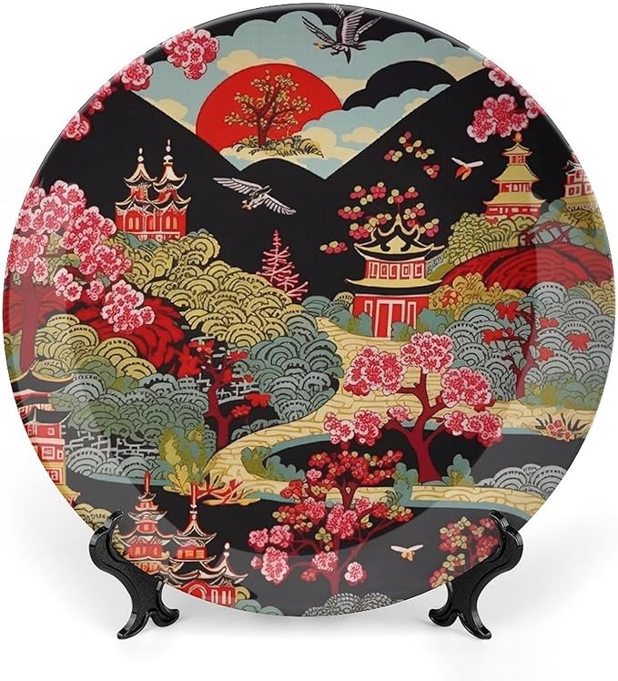 Decorative Plate Chinoiserie Charcoal Coral Pagoda Asian Customize Decor for Home Wedding Art Decoration Club Blue And White Plates with Vertical Stand, Multi Sizes by Choosing, Gifts for Men Women