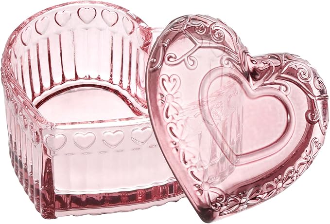 WHJY Glass Jewelry Box for Girls Heart Shaped Container with Lids Small Decorative Trinket Organizer for Vanity Room Decor Crystal Pink Storage Jar for Rings Earrings Necklaces