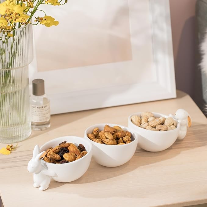 Newman House Studio Decorative Bunny Candy Dish Bowl - Home Decor Ceramic Candy Dish/Nut Dish Three Bowls Snack Bowls Easter Tabletop Decoration Home Décor 13.75 * 4 * 3 Inch