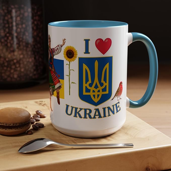 I Love Ukraine 15 oz Coffee Mug - Gift - Christmas Birthdays Gift; Tea Cup (Light Blue Handle)