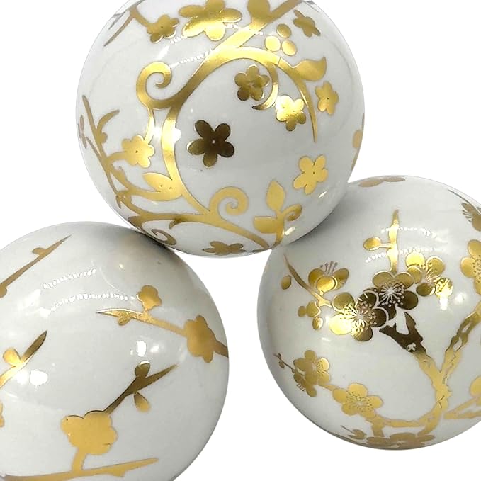 Galt International 4" Diameter Gold & White Floral Chinoiserie Ceramic Ball (Set of 3) | Decorative Ball Vase Bowl Filler