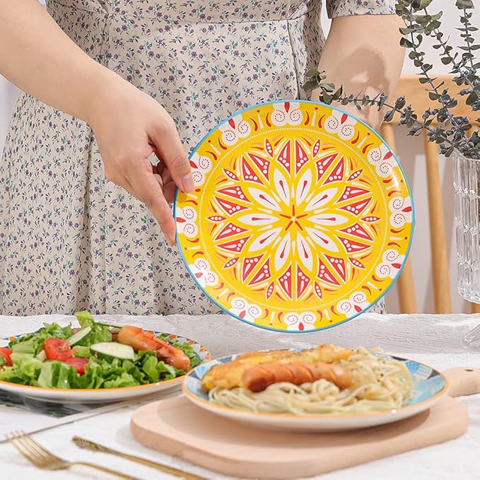 Dessert Plate Set of 6-8 Inch Ceramic Salad and Appetizer Plates - Vibrant Mix-and-Match Colors - Dishwasher and Microwave Safe