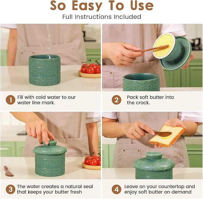 iobiotio Butter Crock for Countertop, Ceramic Butter Crock with Lid and Wooden Knife, Butter Keeper with Water Line for Fresh Spreadable Butterfor, Forest Blue