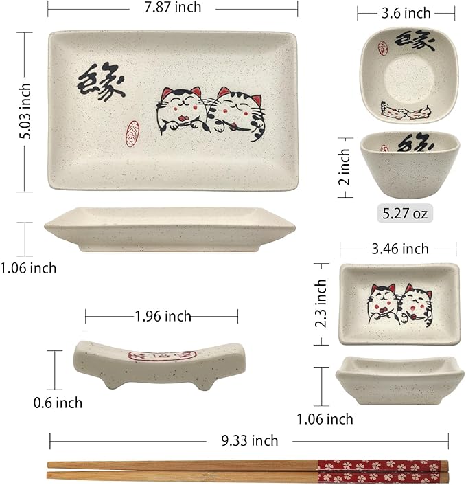 10 pcs Japanese Sushi Plate Sets Serving Platters and Trays for Entertaining Sushi Dishes Set Plates Sushi Plates Traditional Cuisine Dinnerware Sets with Chopsticks Cat