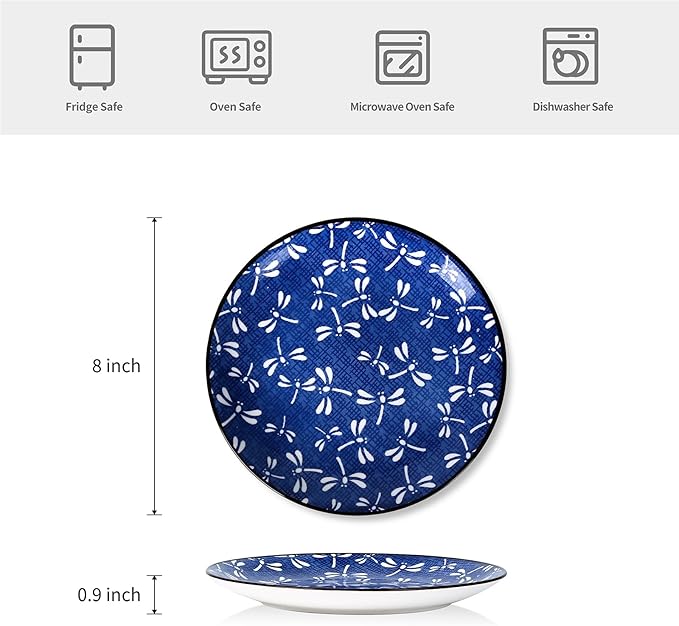 Selamica 8 Inch Ceramic Dessert Plates, Appetizer Plates for Serving Snacks Pasta, Microwave Dishwasher Safe, Set of 6, Blue