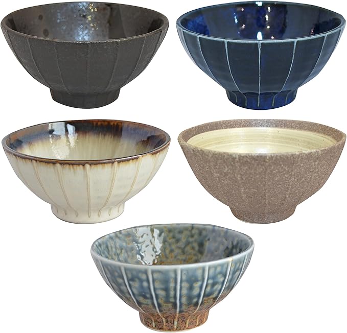 Set of 5 Japanese Ceramic Striped Ichichin Rice Bowls, Deep Soup & Eating Bowls with Distinctive Three-Dimensional Lines,Convenient, Stackable, for Cooking Prep & Serving (Black)