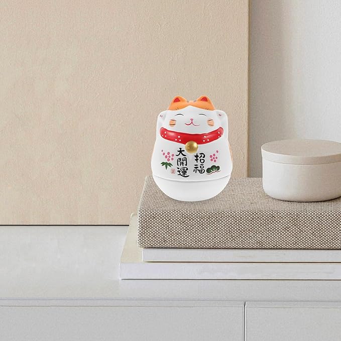 jojofuny Ceramic Cat Tumbler Figurine White Lucky Cat Ornament with Orange Ears Japanese Style Desktop Decor Auspicious Collectible Gift for Home Office