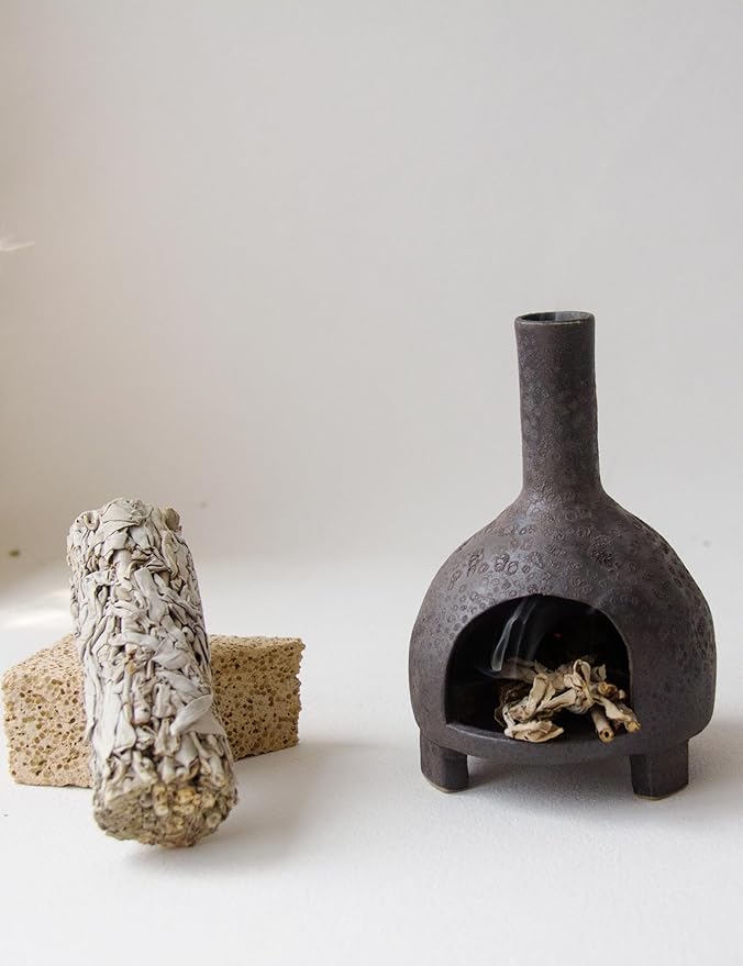 Sculptural Ceramic Incense Holder & Burner, Handmade Textured Clay with Black Glaze, for Sage & Palo Santo, Rustic Natural Centerpiece for Yoga & Meditation