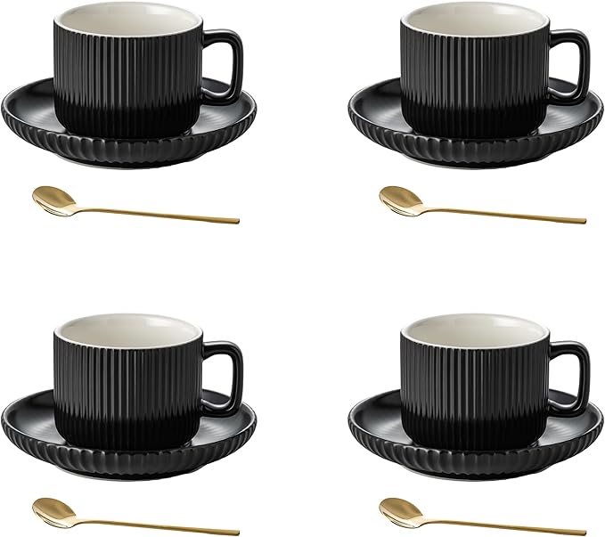 5 Ounce Espresso Cups Set of 4, Small Coffee Cups with Saucers and Spoons, Black Ceramic Demitasse Espresso Mugs
