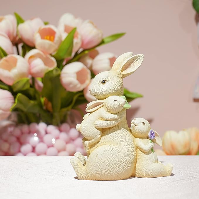 Newman House Studio Easter Decorations Family Bunny Figurines Spring-Decor - Resin Sitting Bunny Mom with Kids Tabletop Decorations for Home Farmhouse 3.5 * 1.5 * 4.5 inch