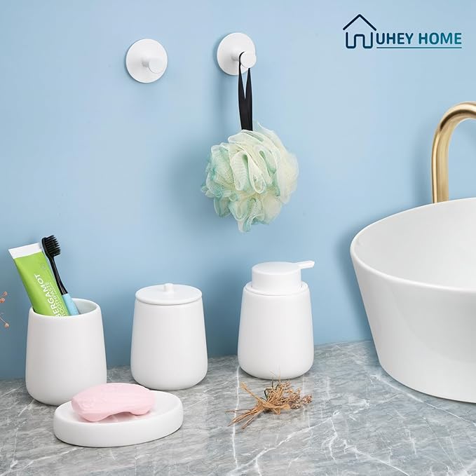 Ceramic Bathroom Accessories Set 6 Pcs, White Bathroom Accessory Set Includes Liquid Soap Dispenser with Rust-Proof Plastic Pump, Bathroom Cup, Qtip Holder, Soap Dish, 2Pcs Adhesive Hooks for Home