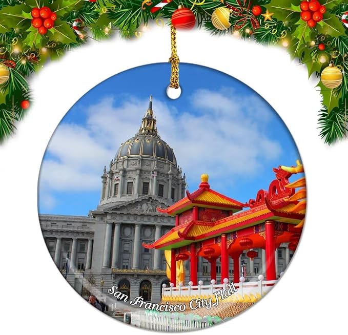 California San Francisco City Hall USA America Christmas Ornaments Ceramic Round Hanging Pendant Xmas Decor City Travel Souvenirs 3" Porcelain Double Sided