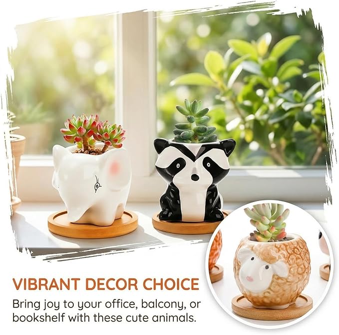 6 Pack Small Succulent Pots with Drainage Hole, 3 Inch Cute Ceramic Animal Planter with Saucer, Unique Air Plant Holder, Desktop Plant Flower Pot for Indoor Plants, Cactus, Garden, Home Decor